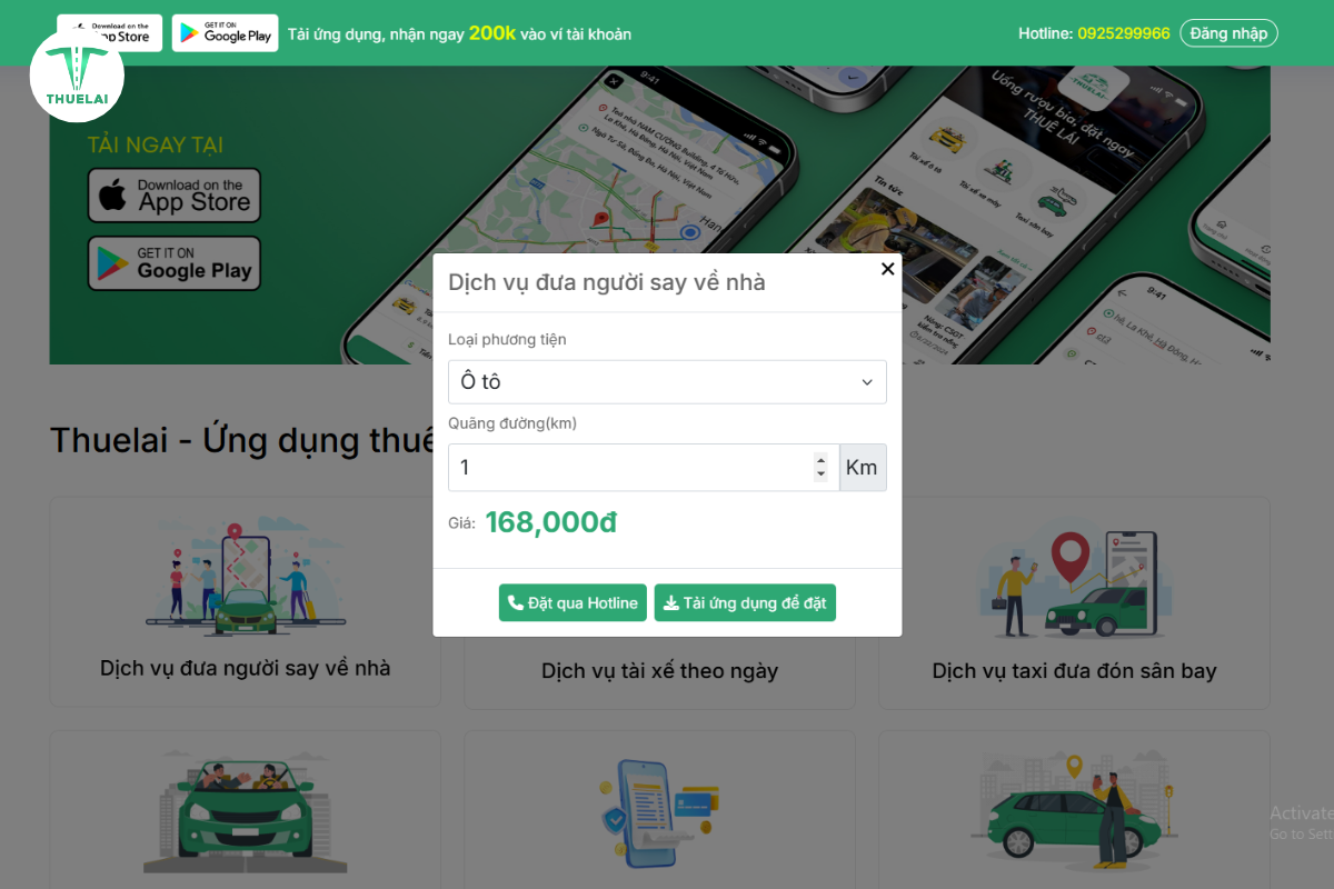Giá cước mở cửa dịch vụ lái xe hộ ô tô của Thuê Lái
