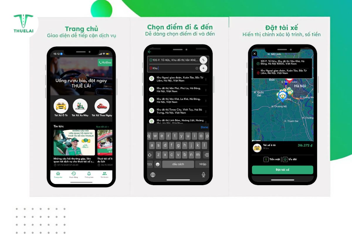 Các bước đặt tài xế tại Thuê Lái