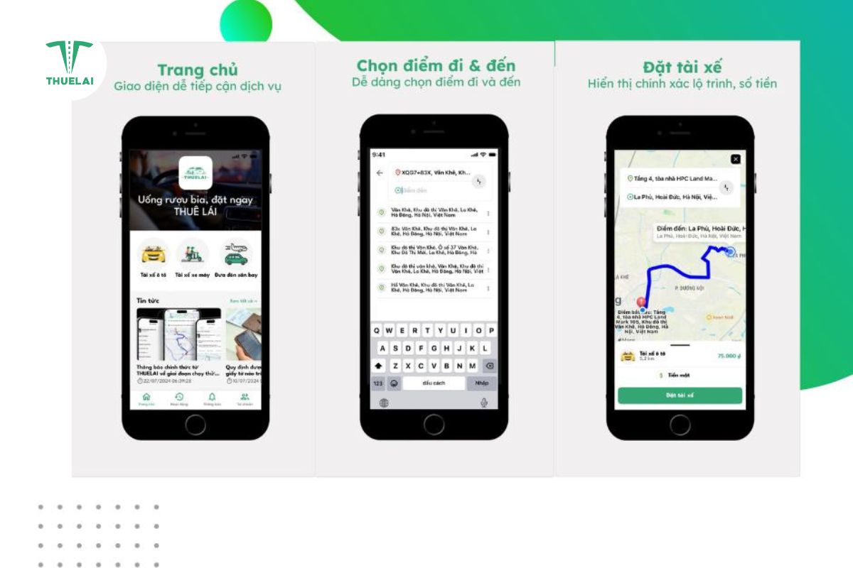 Giao diện thông minh của app Thuê Lái