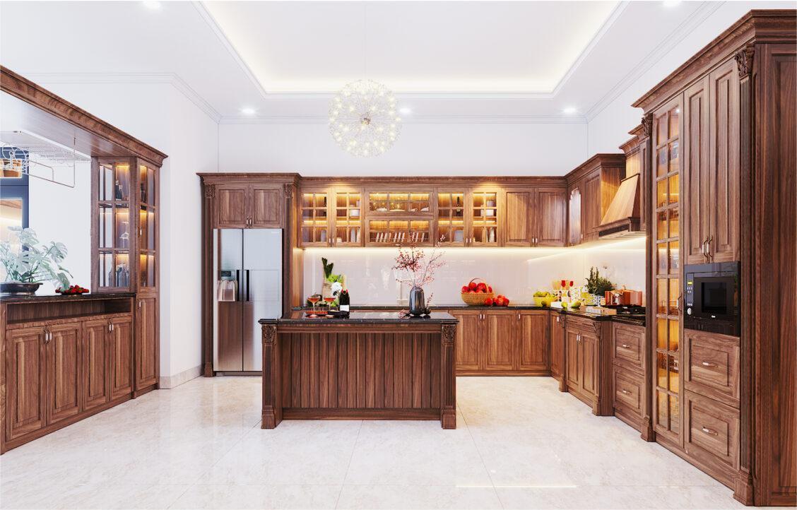 Tủ bếp làm bằng gỗ tự nhiên sang trọng