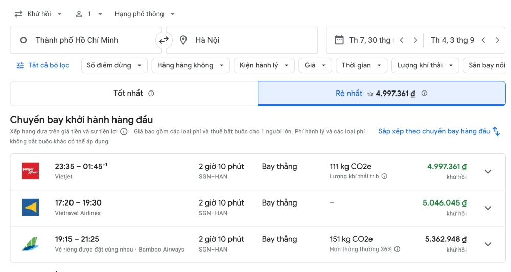 Giá vé máy bay ra Hà Nội