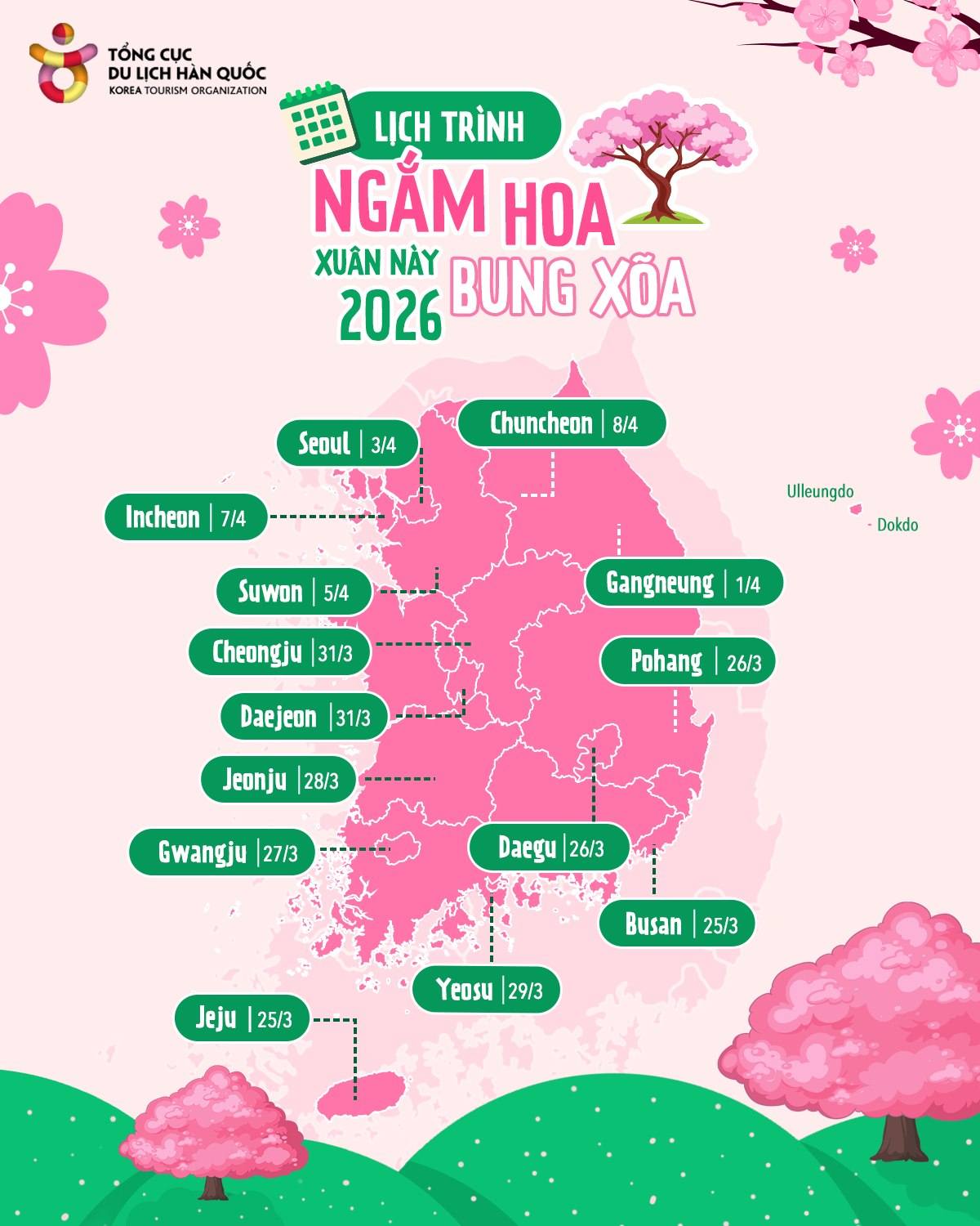 Bản đồ gợi ý thời gian hoa anh đào nở tại Hàn Quốc