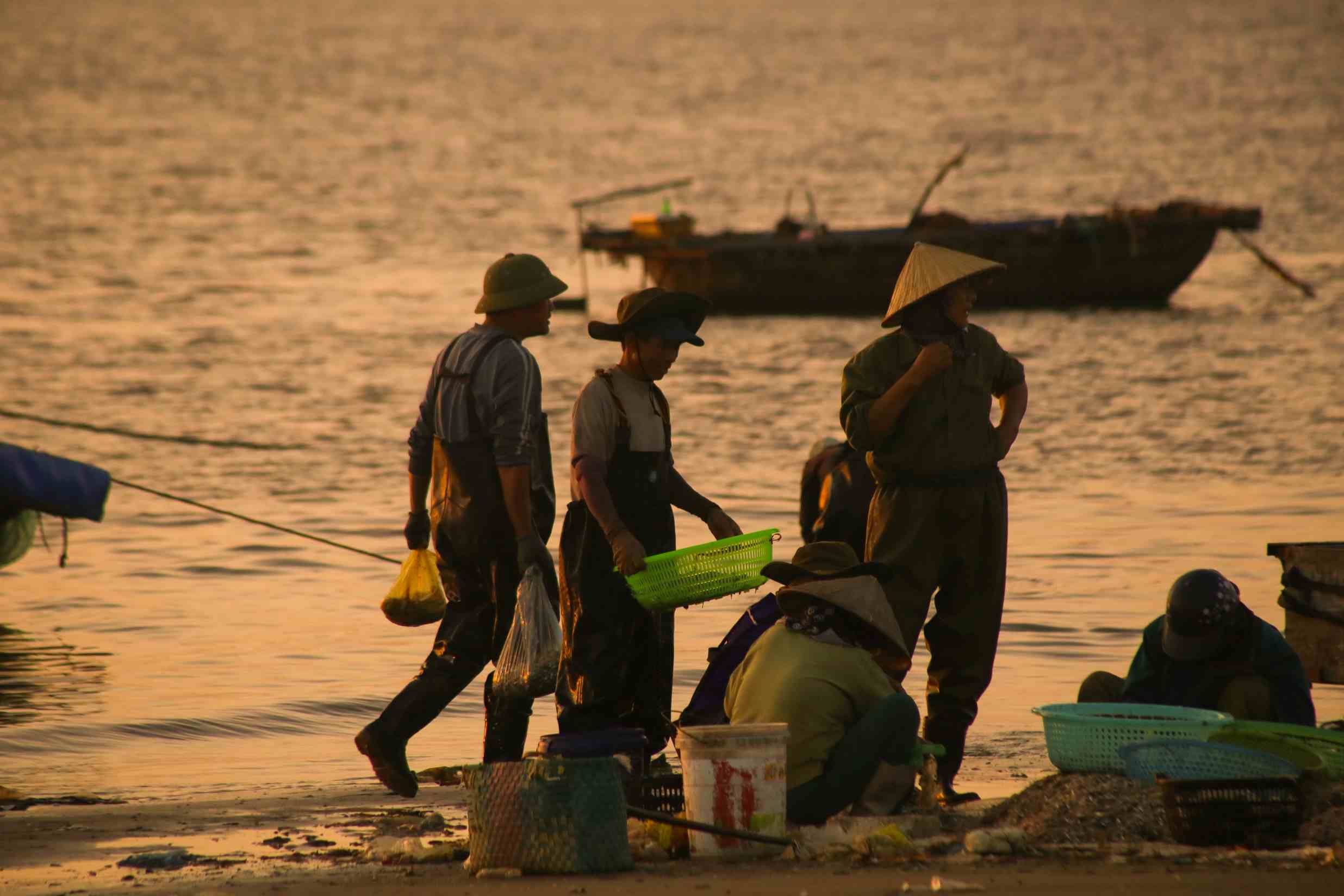 Người dân chờ đưa hải sản từ thuyền lên bờ