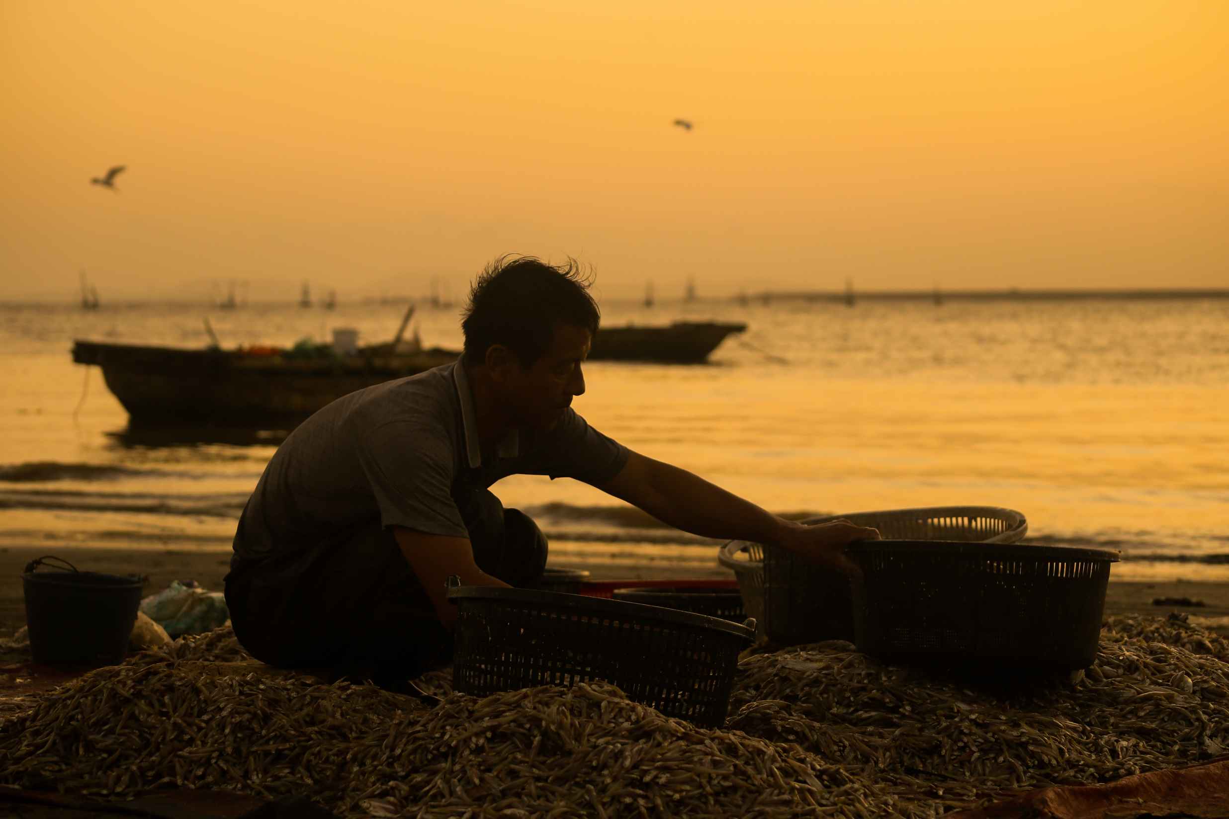 Ngư dân hoàn thiện nốt công việc trước khi màn đêm buông xuống