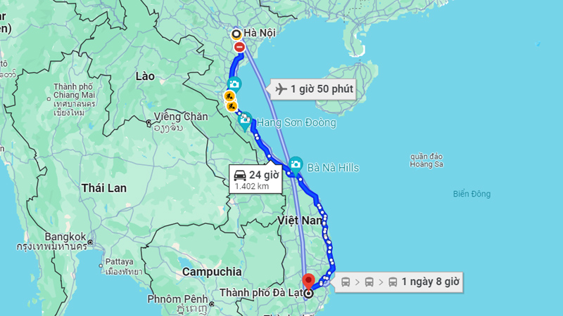 Chặng Hà Nội - Đà Lạt: thời gian bay trung bình hơn 2 giờ