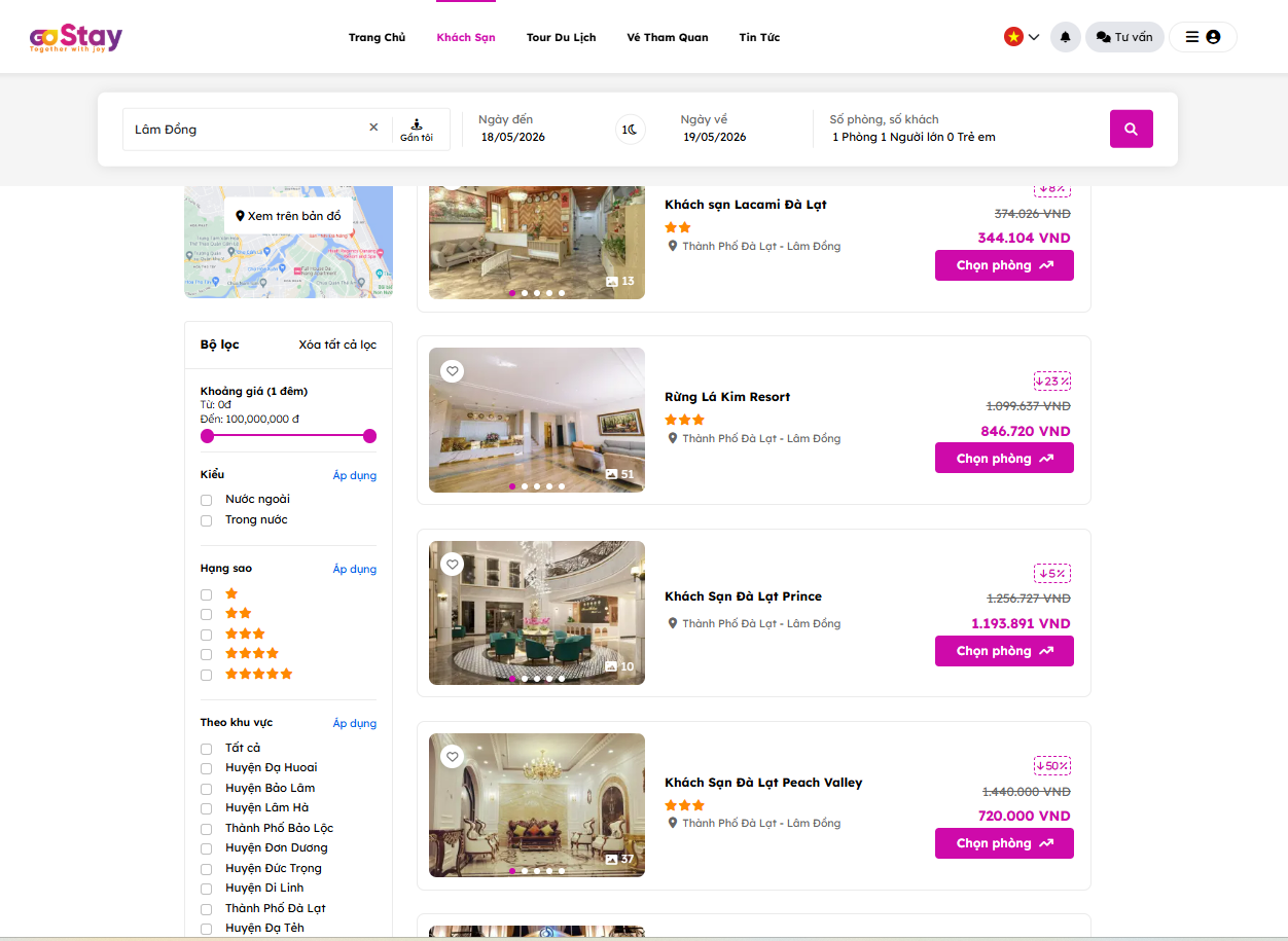 Giao diện đặt phòng khách sạn Đà Lạt tại GoStay
