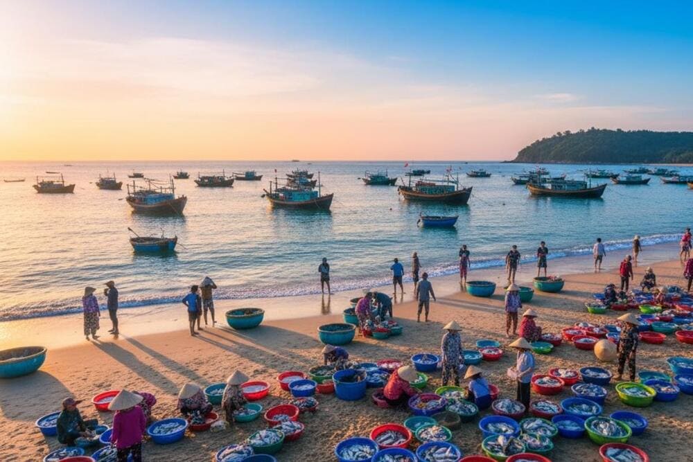 Toàn cảnh làng chài Mũi Né lúc bình minh